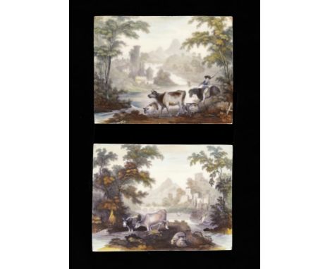 A PAIR OF  DAVENPORT PORCELAIN PLAQUES, c1825  possibly outside decorated, with purple bat prints and enamel decoration, 17 x