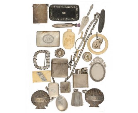 MISCELLANEOUS SILVER SMALLWORK AND OTHER WORKS OF ART  to include a playing card box, pair of scallop shell wine labels, ciga