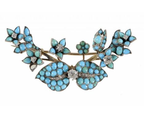 A TURQUOISE AND DIAMOND SPRAY BROOCH, C1900  in gold ++Lacking one turquoise from one of the flowers, otherwise good conditio