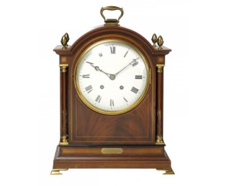 A MAHOGANY AND LINE INLAID BRACKET CLOCK, C1900  with enamel dial, the Winterhalder & Hofmeier movement with two coiled wire 