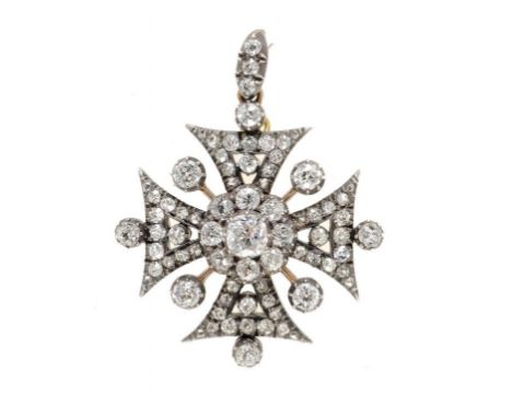 AN ANTIQUE DIAMOND MALTESE CROSS BROOCH-PENDANT,  19TH C  with cushion shaped and irregular round diamonds   ++A fine quality