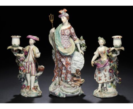 A DERBY FIGURE OF MINERVA AND A PAIR OF CANDLESTICK FIGURES OF A SHEPHERD AND SHEPHERDESS WITH FRUIT AND FLOWERS, BOTH C1765 