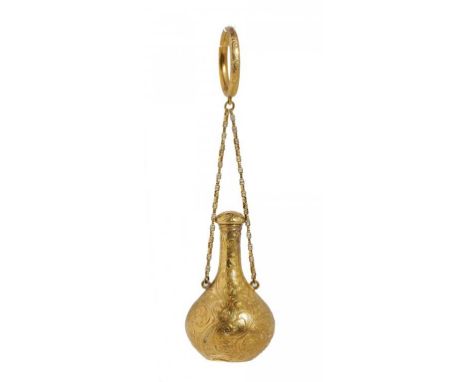 A GOLD SCENT BOTTLE AND STOPPER, POSSIBLY ENGLISH, 19TH C  engraved with leafy scrolls, suspended from chains and finger ring