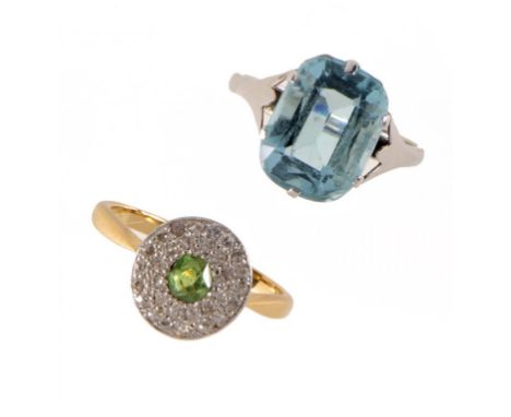 AN AQUAMARINE RING AND A PERIDOT AND DIAMOND CLUSTER RING in gold or white gold, marked 9CT or 18CT PLAT, size J ++Both in sa