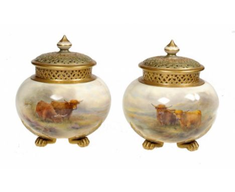 A PAIR OF ROYAL WORCESTER GLOBULAR POT POURRI VASES, COVERS AND INNER COVERS, 1919  the vases painted by Jas Stinton, one sig