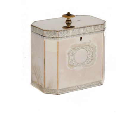 AN OLD SHEFFIELD PLATE CUT CORNERED TEA CADDY, C1790  with engraved silver bands, the divided interior with lock, 14cm h Illu