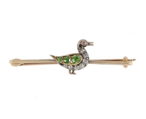 A DIAMOND, DEMANTOID GARNET AND RUBY DUCK BROOCH, C1905 the bird mounted on a gold knife wire ++Knife wire slightly bent, the