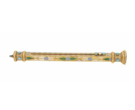 A GOLD AND ENAMEL PENCIL, C1850 set with turquoises and on the slide a split pearl, the square terminal inset with bloodstone