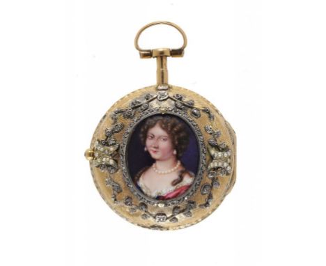 A SWISS DIAMOND SET GOLD PAIR CASED VERGE WATCH MOUNTED WITH A MINIATURE JACQUES COULIN AND AMY BRAY, GENEVA 5311, C1770 with