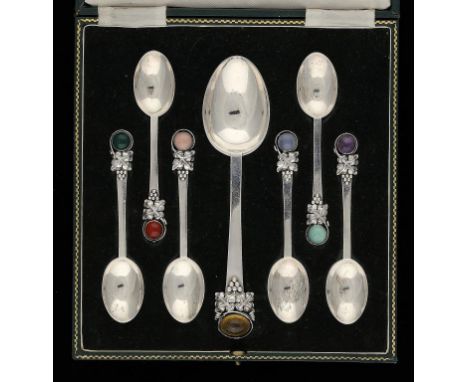 A SET OF SEVEN SEMI PRECIOUS STONE SET SILVER SPOONS  DESIGNED BY WALTER BELK AND MANUFACTURED BY ROBERTS & BELK applied with