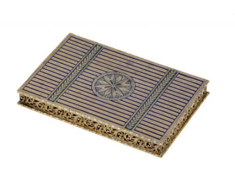 A CONTINENTAL SILVER GILT AND BLUE AND GREEN ENAMEL BOX, C1930 with saw pierced scrollwork to the sides, 8cm w, rosette mark 
