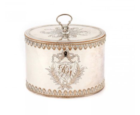  AN OLD SHEFFIELD PLATE OVAL TEA CADDY BY FENTON, CRESWICK & CO, C1775  with swivel knop and lock, engraved with initials bor