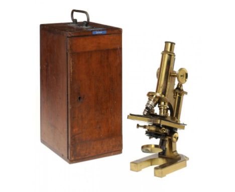 A BRASS MICROSCOPE BY R & J BECK LTD  NO 25620  with triple objective turret, substage condenser and plano concave mirror, se