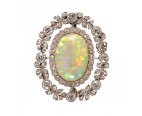 AN OPAL AND DIAMOND BROOCH-PENDANT, 20TH CENTURY in white gold, demountable  ++In good second hand condition, approximately 3