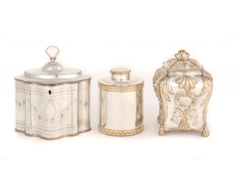 AN OLD SHEFFIELD PLATE SUGAR BOX AND COVER AND A TEA CADDY, BOTH BY TUDOR & CO, C1765 AND C1780 AND A CONTEMPORARY SERPENTINE