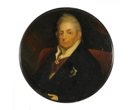 AN ENGLISH PAPIER MACHÉ BOX COVER, C1830  finely painted after Henry Dawe with a portrait of William IV, King of United Kingd
