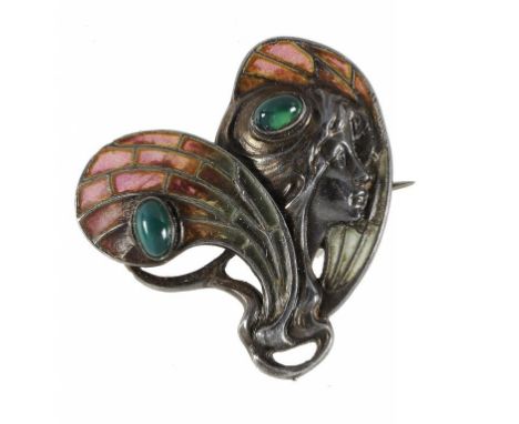 A FRENCH ART NOUVEAU CHRYSOPRASE, SILVER AND PLIQUE A JOUR ENAMEL BROOCH, C1905  marked DEPOSE and 900  ++In very good condit