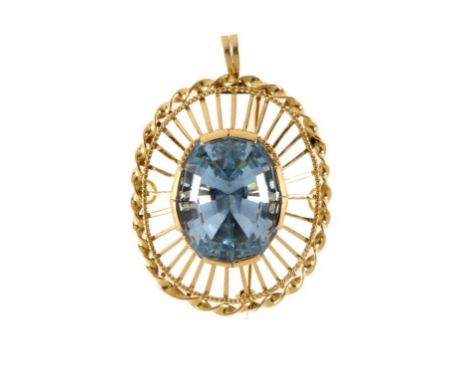 AN AQUAMARINE AND GOLD BROOCH-PENDANT, LATE 20TH C  marked 18ct ++In fine condition, the aquamarine according to a jeweller's