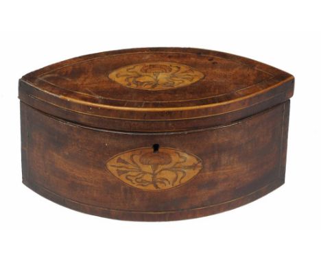 A GEORGE III MAHOGANY, CROSSBANDED AND INLAID NAVETTE SHAPED TEA CADDY, C1790  24cm w ++Good unrestored condition lacking som