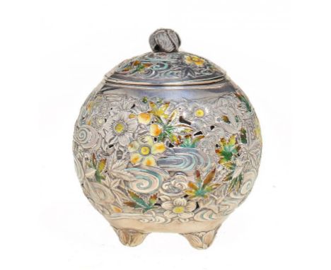 A JAPANESE PIERCED SILVER AND ENAMEL GLOBULAR KORO AND COVER BY MASAMITSU, MEIJI with detachable liner, 10cm h, engraved Yama
