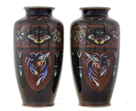A PAIR OF JAPANESE CLOISONNÉ ENAMEL VASES, SHOWA 21.5cm h, marked on silvered metal rim MADE IN JAPAN ++One in fine condition