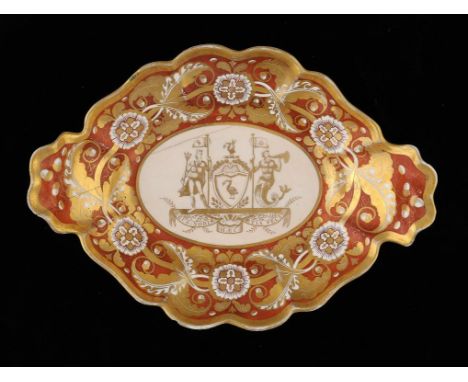 A HERCULANEUM ARMORIAL LOBED OVAL DESSERT DISH ON FOOT, C1820  gilt with the arms of the city of Liverpool, 31.5cm w ++Cracke