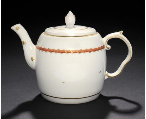 A BRISTOL BARREL SHAPED TEAPOT AND A COVER, C1775 14cm h, blue enamel cross ++Cover with crazing of he glaze and slight crack