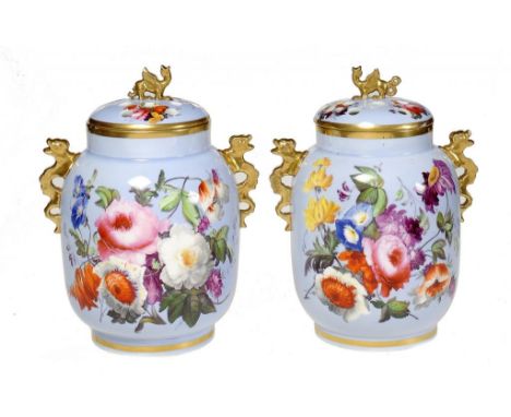 A PAIR OF   DRAGON HANDLED, LAVENDER GROUND POT POURRI VASES, COVERS AND INNER COVERS,  PROBABLY SPODE, C1820 boldly painted 