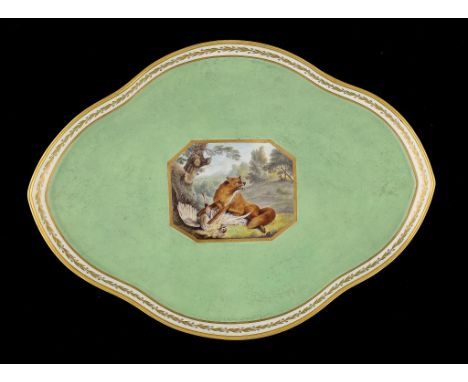 A DERBY GREEN GROUND CABARET TRAY, C1795-1800 painted probably by John Brewer with a fox in a landscape, 34cm wide, blue pain