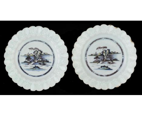 A PAIR OF ENGLISH DELFTWARE PLATES, BRISTOL, C1755-65  painted in cobalt, manganese and cadmium yellow with a Chinese island 