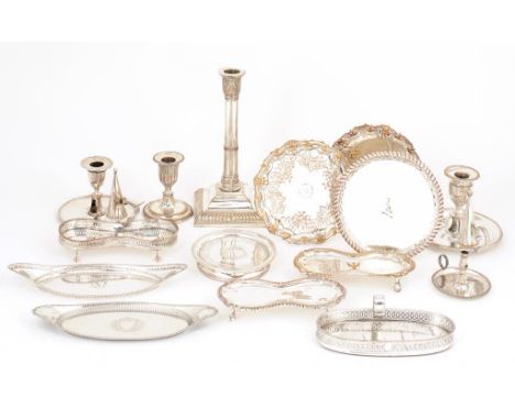 A GROUP OF OLD SHEFFIELD PLATE ARTICLES, LATE 18TH C comprising three waiters, a teapot stand, two candlesticks, two chambers