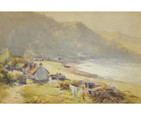 CHARLES WILLIAM ADDERTON (1866-1944) THE LANDING STAGE signed, indistinctly inscribed on the backboard, watercolour, 34 x 52c