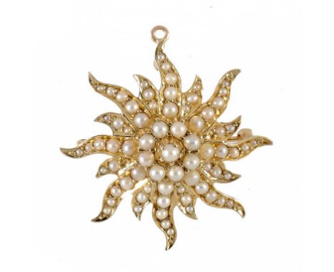 A SPLIT PEARL AND GOLD SUNBURST BROOCH-PENDANT, EARLY 20TH C marked 14  ++Complete and in good original condition, gross weig