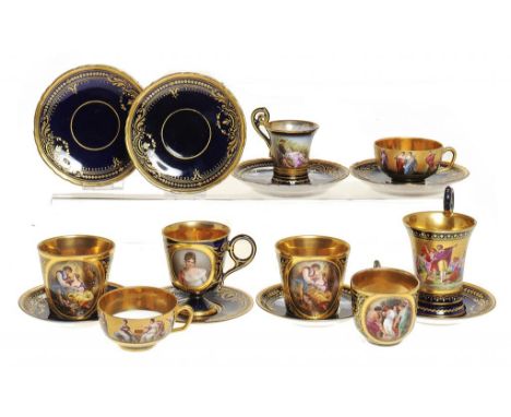 EIGHT VIENNA STYLE COBALT GROUND CABINET CUPS AND SAUCERS, C1900  the cups painted with classical scenes or portraits, saucer