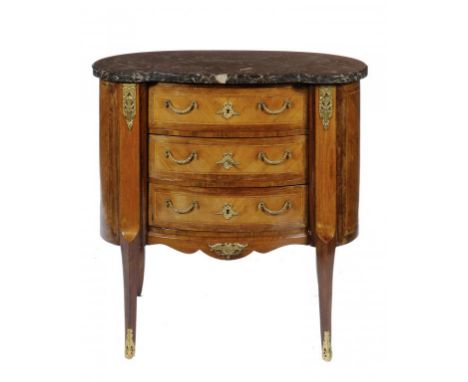 A FRENCH ROSEWOOD AND KINGWOOD KIDNEY SHAPED PETITE COMMODE, C1900   with brass mounts and marble top, 88cm h; 66 x 90cm Prov