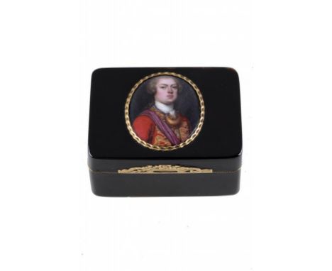 A GOLD MOUNTED TORTOISESHELL SNUFF BOX, C1780 THE MINIATURE TO THE LID MID 18TH C  inset with a fine enamel miniature of a Br