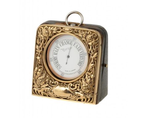 AN EDWARD VII 9CT GOLD MOUNTED LEATHER BAROMETER STAND 9.5cm h, by James Aitchison, London 1901 and a contemporary nickel pla