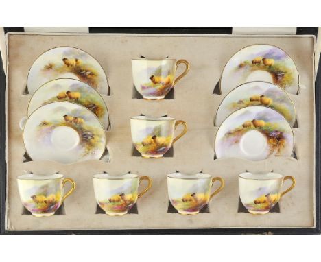 A SET OF SIX ROYAL WORCESTER COFFEE CUPS AND SAUCERS, 1916 painted by G H Evans, all signed, with sheep, saucer 9.5cm diam, p
