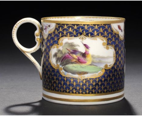 A BARR, FLIGHT & BARR SCALE BLUE GROUND COFFEE CAN, 1804-13  finely painted with Fancy Birds and insects, 6cm h, impressed ma