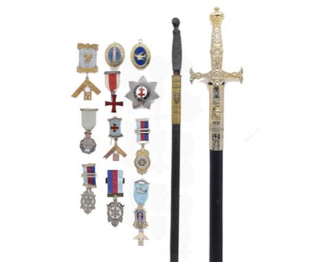 FREEMASONRY.  A COLLECTION OF MASONIC REGALIA  including two gold and one silver gilt and enamel Past Master's jewels,    sil