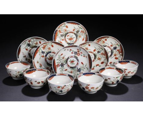 SIX WORCESTER KEMPTHORNE PATTERN TEA BOWLS AND SAUCERS, C1768-70  saucers 13-13.5cm diam, square or crescent marks or unmarke