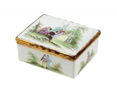 A GERMAN GILTMETAL MOUNTED ENAMEL SNUFF BOX, C1770 finely painted with romantic scenes, a single figure to the underside of t