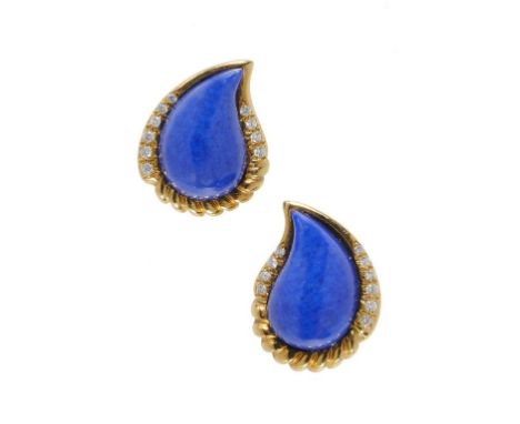 A PAIR OF DIAMOND, LAPIS LAZULI AND GOLD PEAR SHAPED EARRINGS BY TIFFANY & CO, LATE 20TH C  signed TIFFANY & CO 18k ++Practic