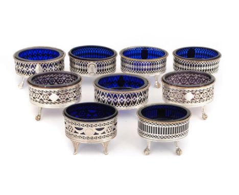 FIVE AND TWO PAIRS OF OLD SHEFFIELD PLATE PIERCED OVAL SALT CELLARS BY FENTON & CO, TUDOR & CO AND OTHERS, C1775-80  with blu