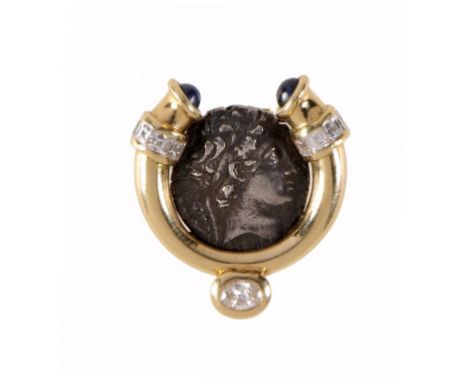 A GOLD, DIAMOND, SAPPHIRE AND CLASSICAL SILVER COIN BROOCH, LATE 20TH C set with a Seleucid Drachma  ++In very good second ha