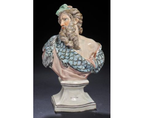 A STAFFORDSHIRE PEARLWARE BUST OF NEPTUNE, C1800 with overglaze enamel painted decoration, 30cm h, on ebonised wood plinth ++