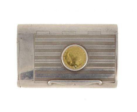 A GEORGE V SILVER SNUFF BOX  the lid inset with a George III sovereign, with integral hinge, lidded vesta compartment and hol