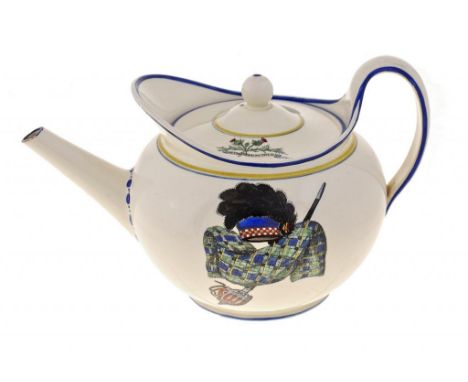 A RARE WEDGWOOD QUEENSWARE TEAPOT AND COVER FROM THE 'GORDON HIGHLANDERS' SERVICE, 1809 enamelled with emblems including a sp