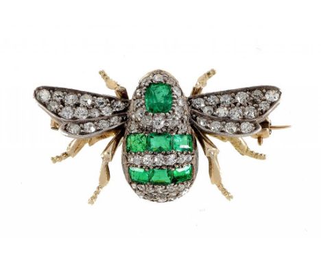 A FINE ANTIQUE DIAMOND AND EMERALD BEE BROOCH, C1900 with opal eyes ++In fine condition and of fine quality, the stones all c