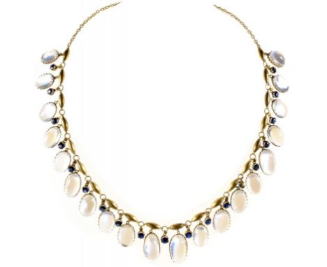 A MOONSTONE AND SAPPHIRE FRINGE NECKLET, EARLY 20TH C  in gold ++In fine complete and original condition, gross weight 21g